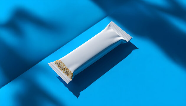 Minimalist energy bar package mockup on vibrant blue background with subtle shadows