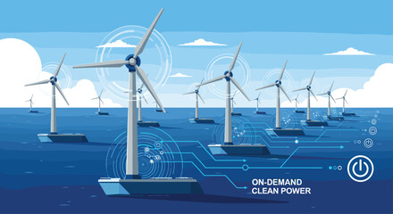 Discover clean energy solutions with wind turbines at sea offering on-demand power for a sustainable future and eco-friendly innovation today, Generative AI.