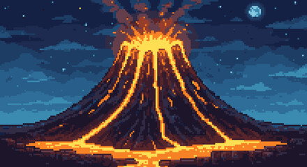 Pixelated Volcanic Eruption Under Starry Sky