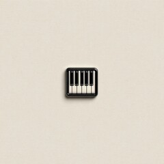 Close up view of a small black enamel pin shaped like a piano keyboard, set against a beige textured background.