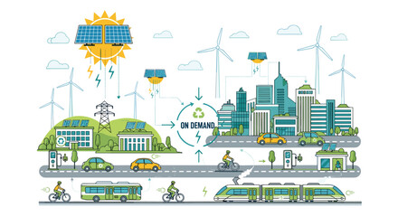 Sustainable smart city vision with clean energy solutions and eco-friendly transport for a greener future renewable energy powering urban mobility, Generative AI.