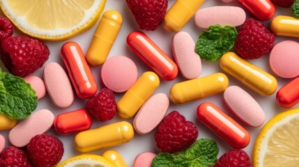 A colorful arrangement of capsules and tablets alongside fresh raspberries and lemon slices, highlighting a theme of health and wellness.