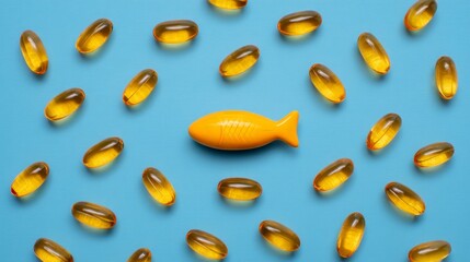 A collection of fish-shaped vitamins surrounded by gel capsules on a blue background, suggesting health and wellness.