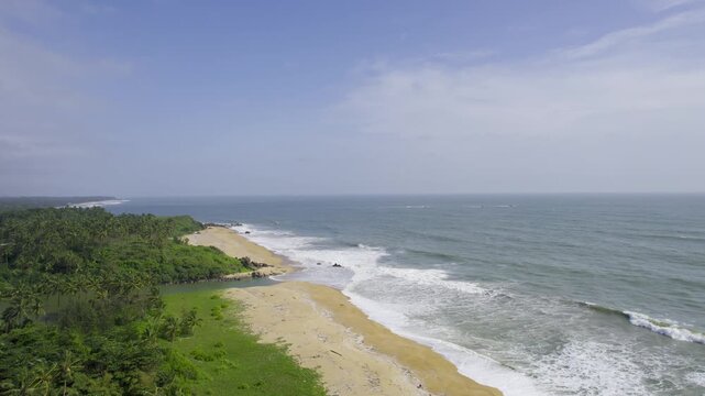 Aerial drone shot flying over golden sands of Kappil beach bekal with waves crashing and palm coconut trees on the side with a blue sky overhead showing god's own country Kerala