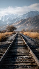 Fototapeta premium A photograph capturing the perspective view of train tracks leading towards snow-covered mountains under a cloudy sky, showcasing the winter landscape