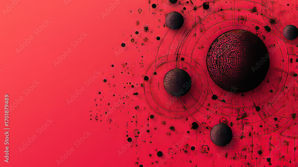 Poster abstract cosmic background with large dark spheres and geometric patterns on vivid pink backdrop