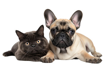  Dog and Cat Lying Together. White or PNG Transparent Background.