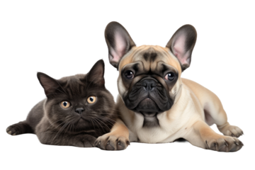  Dog and Cat Lying Together. White or PNG Transparent Background.