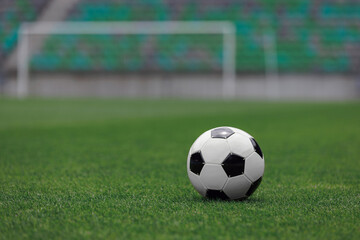 Fototapeta premium Soccer ball sits on a well-manicured field, ready for players to engage in an exciting match.