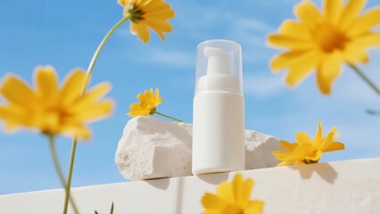 Clean White Skincare Pump Bottle Amid Yellow Flowers and Clear Blue Sky, Perfect for Skincare Lovers