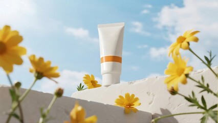 Fresh White Skincare Tube with Orange Stripe Amid Yellow Flowers and Blue Sky, Perfect for Natural Beauty Enthusiasts