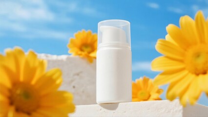 Clean White Skincare Pump Bottle Surrounded by Yellow Flowers and Bright Blue Sky, Ideal for Skincare Lovers