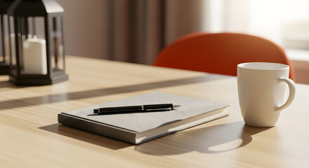 Notebook, Pen, Coffee Mug on Wooden Table with Warm Sunlight for Productivity & Reflection