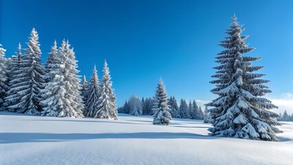 Obraz premium Snowcovered evergreen trees beneath bright blue winter sky. Ideal for seasonal backgrounds, winterthemed designs, nature concepts, and holiday promotions.