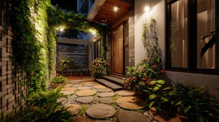 Fototapeta premium Cozy Entrance with Lush Greenery and Natural Stone Pathway in a Serene Outdoor Setting