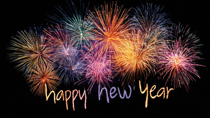 Fondo abstracto de fin de año negro con fuegos artificiales y la inscriipcion Happy new year.Concepto fiestas navideñas, fin de año, cotillon y año nuevo