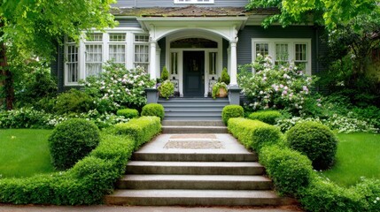 Obraz premium Beautifully Landscaped Victorian Home with Greenery and Flowering Plants in Front Yard