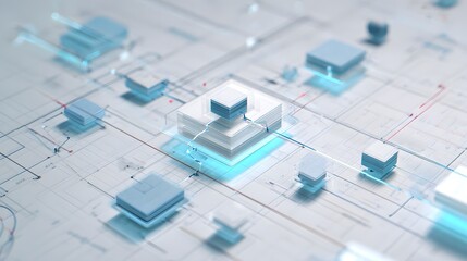 Abstract digital network with glowing blue nodes and connecting lines on a white grid technology data