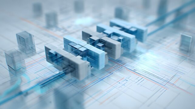 Abstract geometric blocks on a grid with glowing blue lines and orange accents cubes