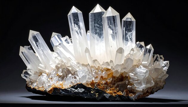 A cluster of pristine, transparent crystals, brilliantly illuminated against a dark backdrop, showcasing intricate geometric patterns and a captivating light display.