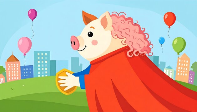Cute pig superhero with a cape, holding a coin, in a city backdrop with balloons