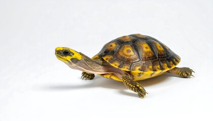 A small turtle with a striking pattern of yellow, brown, and black shells displayed against a plain white background.