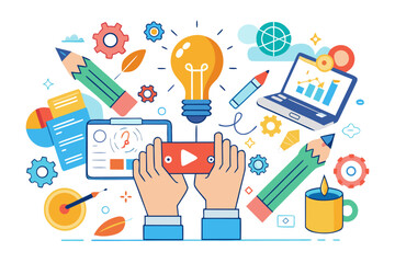 Creative Hands Drawing Light Bulb – Innovation and Idea Concept Illustration