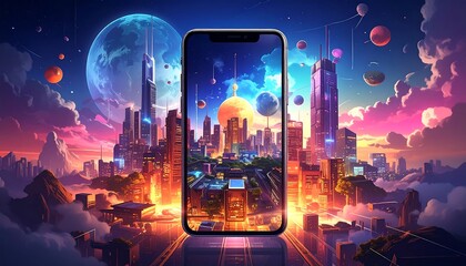 A vibrant cityscape unfolds within a futuristic smartphone, showcasing a breathtaking blend of celestial bodies and urban architecture.