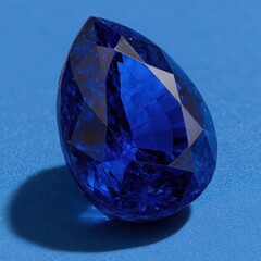 Close up view of a vibrant blue pear shaped gemstone displayed against a matching blue backdrop. The gem's facets sparkle.