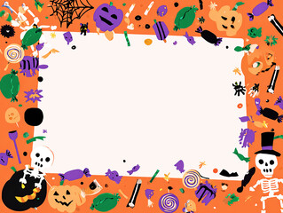 Obraz premium 子供が描いたカラフルな手描き風ハロウィンフレーム｜Colorful kids drawing style Halloween frame with candies
