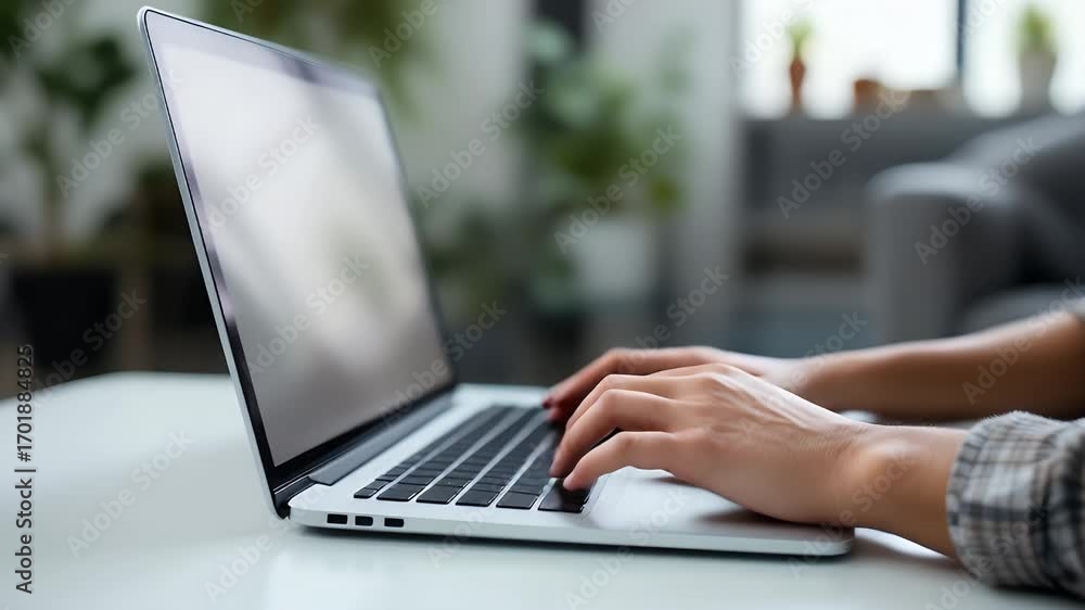 Poster hands on keyboard: close-up shot of hands typing on a modern laptop, with soft focus on the backgrou