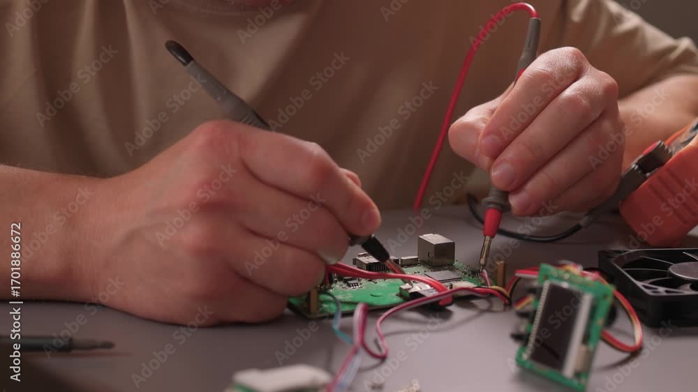 Poster engage in hands on electronics repair using a multimeter and proper wiring techniques