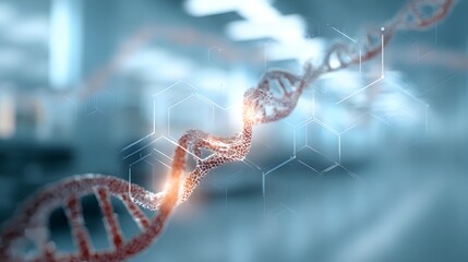 Red and white D N A double helix with glowing orange light and blue hexagonal grid overlay genetic code