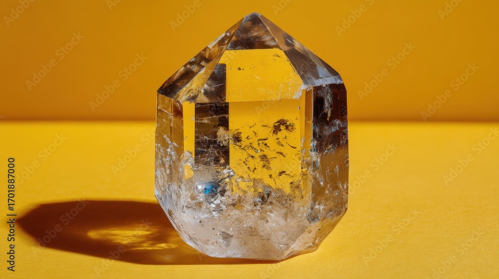 Poster a clear quartz crystal with inclusions rests on a vibrant yellow surface, casting a subtle shadow. t