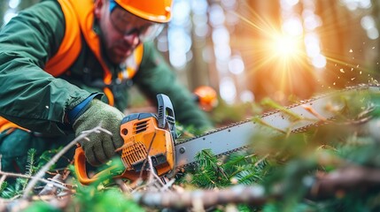 Logger in protective gear cutting wood with a chainsaw in a sunny forest. Professional forestry worker engaged in tree felling and maintenance.