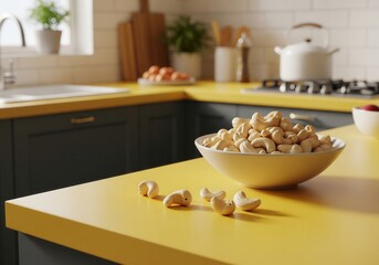 A white bowl filled with raw cashews rests on a bright yellow kitchen counter, with some nuts spilled.
