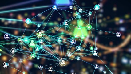 A network of people connected to each other. Digital technology and communication in a network. Data links to the internet web nodes. A group of individuals linked to one another lifestyle.