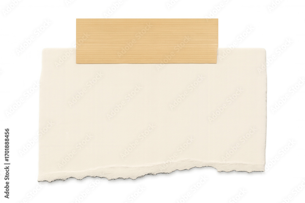 Aufkleber white ripped note paper attached with wooden strip on a transparent background, creating a simple ye