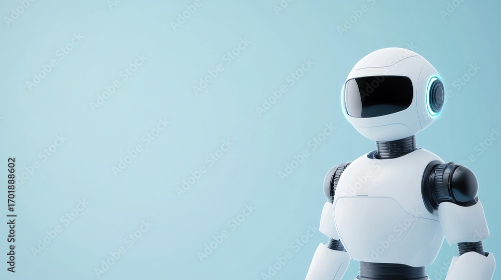 Poster futuristic robot with sleek design and glossy finish against light background