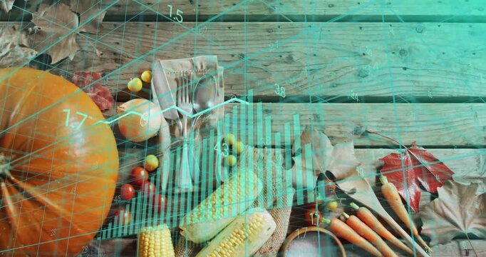 Grid lines fading in, bar chart rising and line graph traversing harvest, showing produce metrics