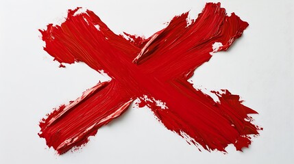 Bold Red Paint Stroke X on White Canvas Background, Thick Texture CloseUp