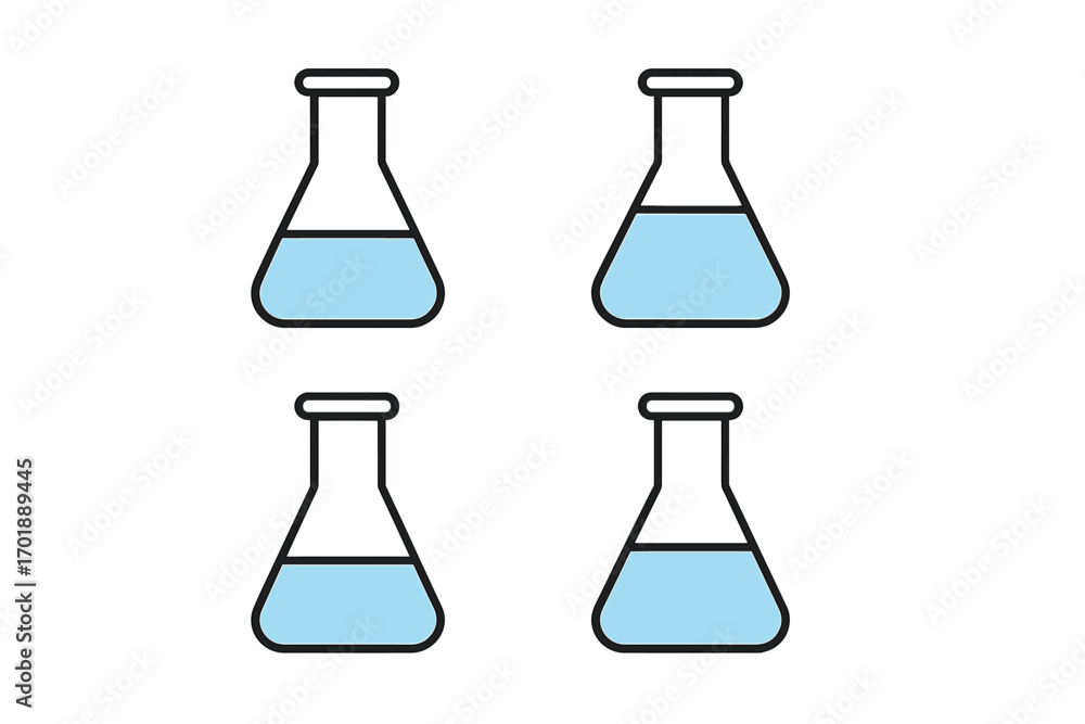 Poster lab flask icon set. erlenmeyer flask with blue liquid. laboratory glassware for science, chemistry, 