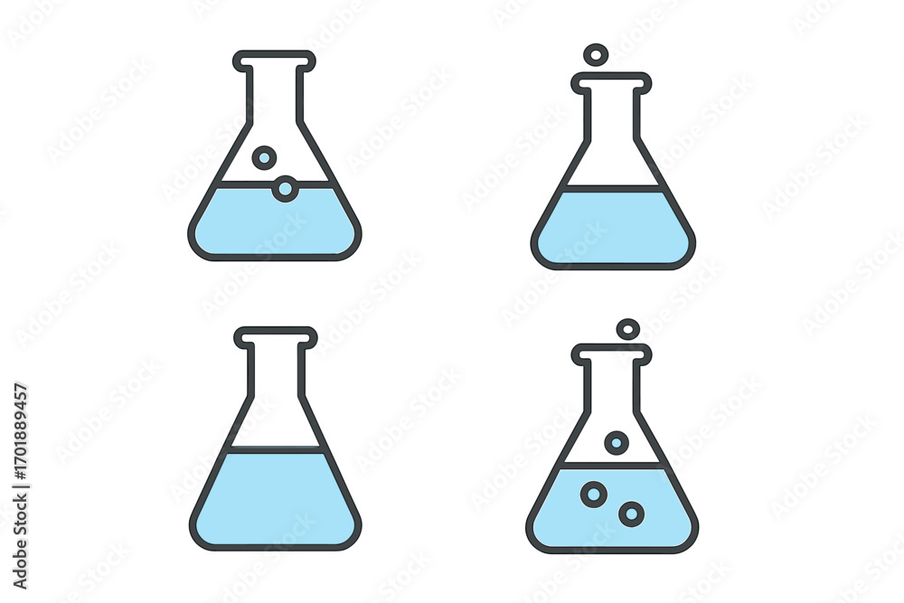 Poster lab flask icon set. erlenmeyer flask with bubbling liquid. chemistry experiment, scientific research