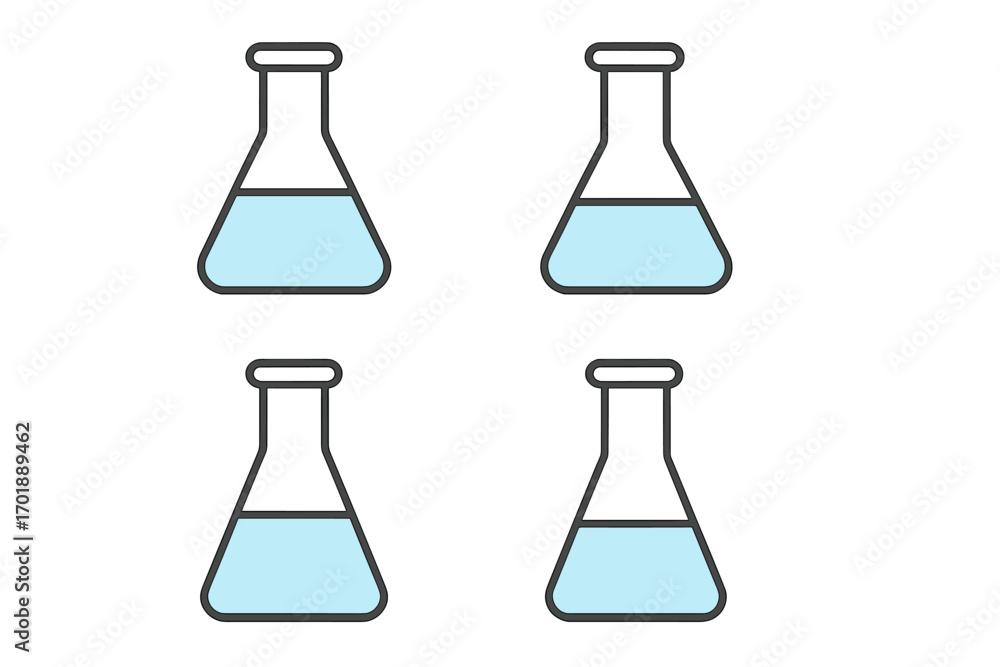 Poster lab flask icon set. erlenmeyer flask with blue liquid. science, chemistry research symbol. laborator