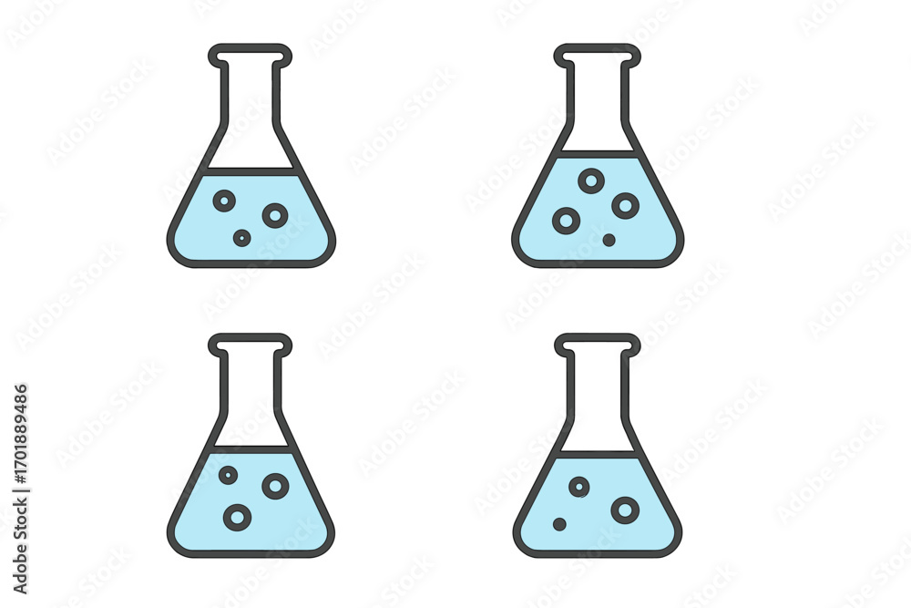 Poster lab flask vector icon set. chemistry glassware pictogram. erlenmeyer flask with blue liquid and bubb