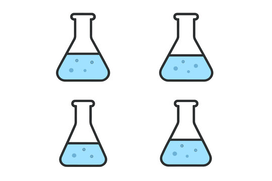 Chemistry lab flask icon set. Erlenmeyer flask with blue liquid and bubbles. Science, experiment, research concept. Laboratory equipment vector. Flat pictogram for web design.