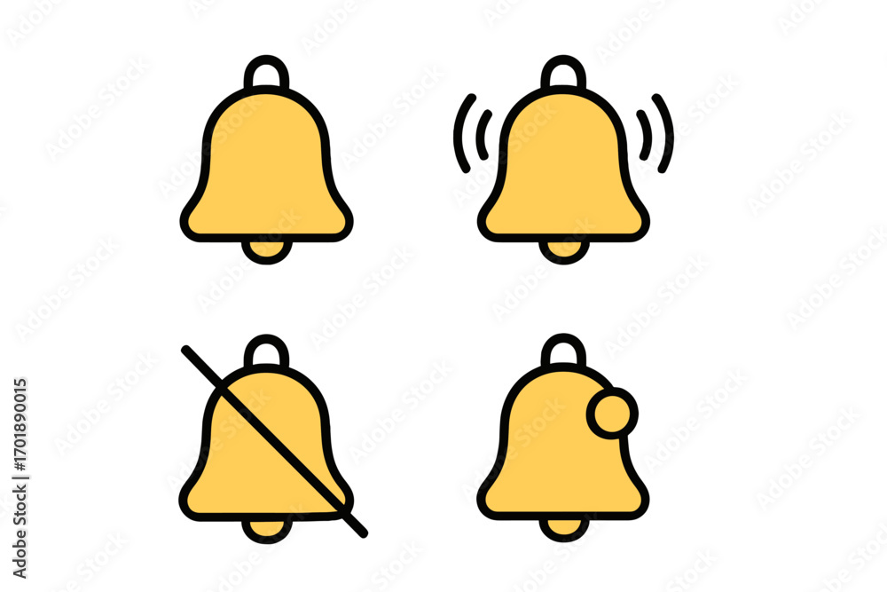 Aufkleber notification bell icon set with new message and silent mode. ringing, mute, and alert symbols. yello