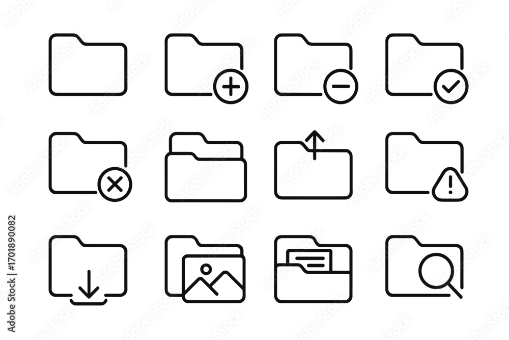 Poster folder line icon set. file management, data storage, and document organization symbols. ui ux outlin