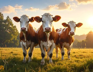 Three cows stand in a golden meadow at sunrise, their rich brown and white coats illuminated by the soft morning light.
