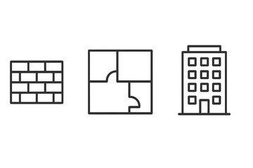 Building and construction line icon set. Real estate and architecture symbols. Brick wall, floor plan, and office building outline signs for web and graphic design. Vector.